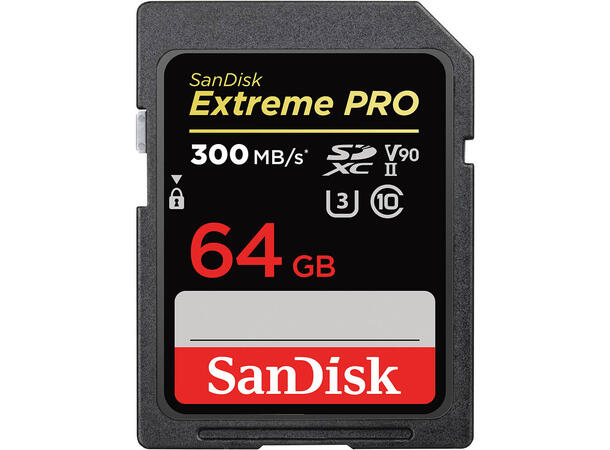 Sandisk SDXC Extreme Pro 64 GB 300MB V90, 300 MB/s lese og 260 MB/s skrive