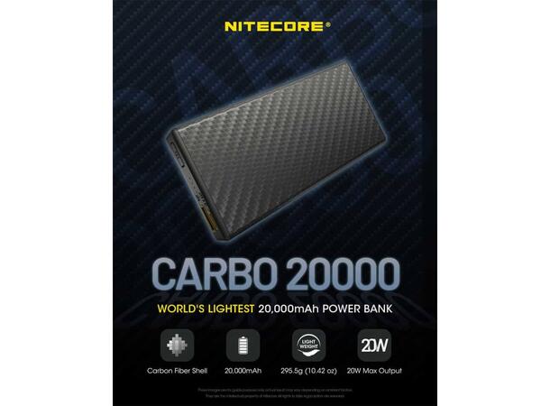 Nitecore Carbo 20000 Powerbank Lett powerbank, 20 000mAh IPX5 295g